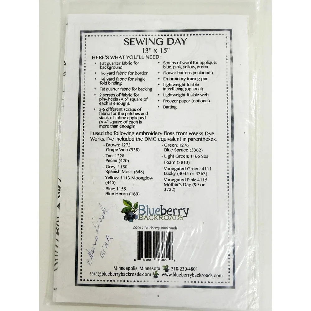 Blueberry Backroads Sewing Day Pattern 101 13x15 White Embroidery Applique DIY